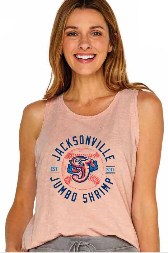 Jacksonville Jumbo Shrimp Soft As A Grape Ladies Salty Pink Cut Rib Tank